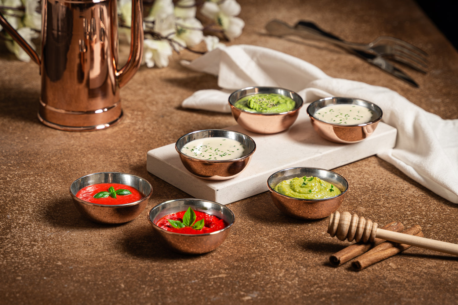 Set Of Six Handcrafted Copper Oil & Sauce Dipping Bowls