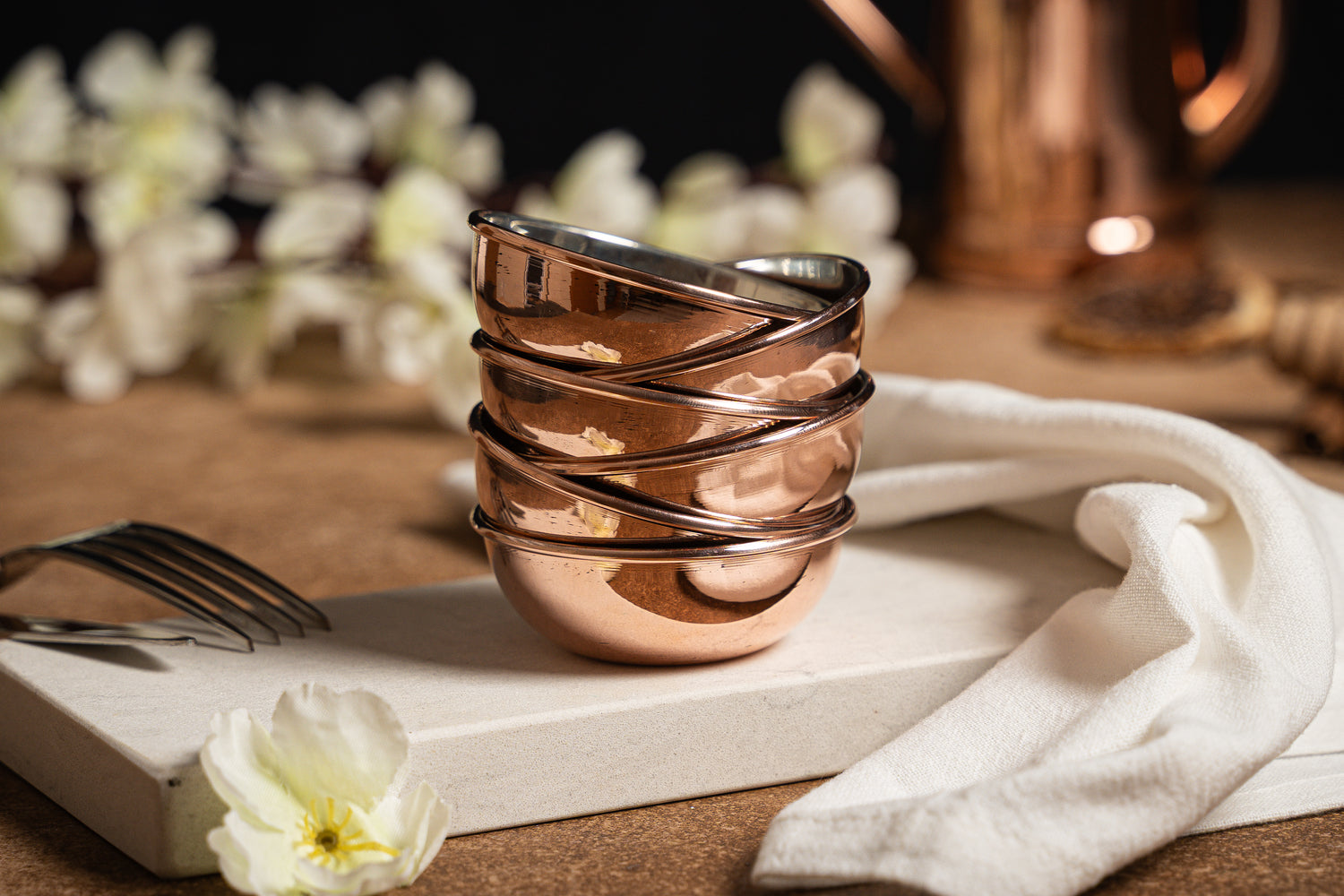 Set Of Six Handcrafted Copper Oil & Sauce Dipping Bowls