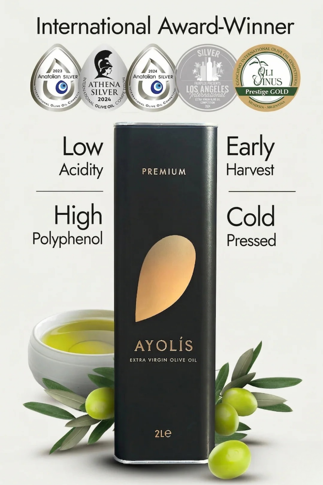 Ayolis Premium Gourmet Early Harvest Extra Virgin Olive Oil, 2L – High Polyphenol, Cold Extracted