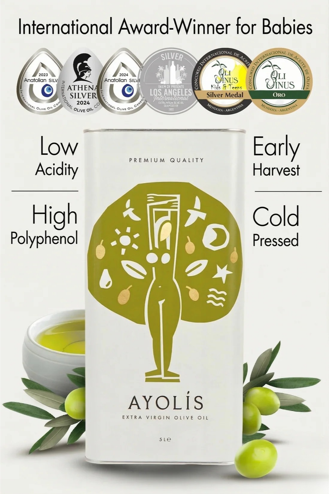 Ayolis Premium Mother & Baby Early Harvest Extra Virgin Olive Oil, 5L – High Polyphenol, Cold Pressed