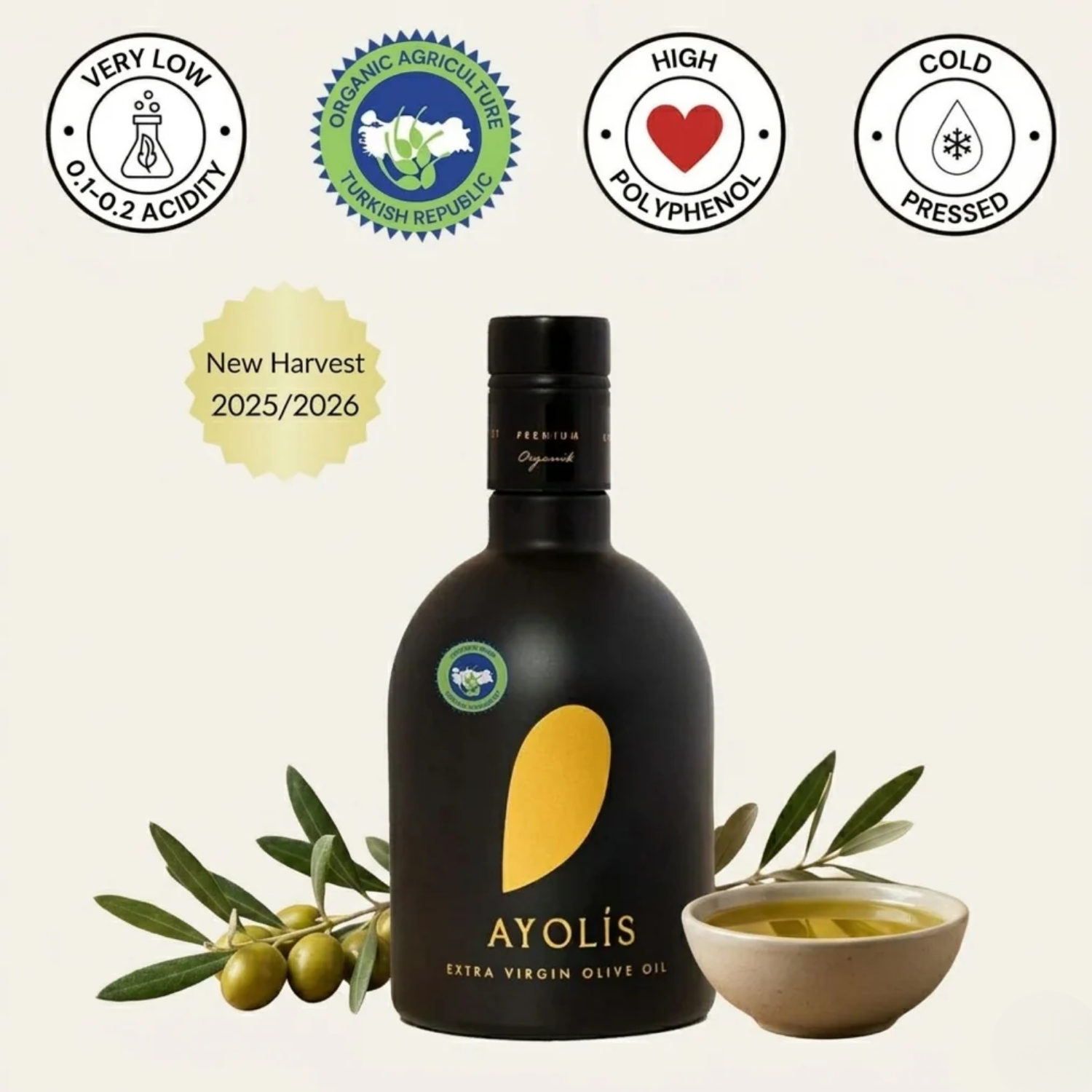 Ayolis Premium Organic Extra Virgin Olive Oil, 500ml – Cold Pressed, High Polyphenol