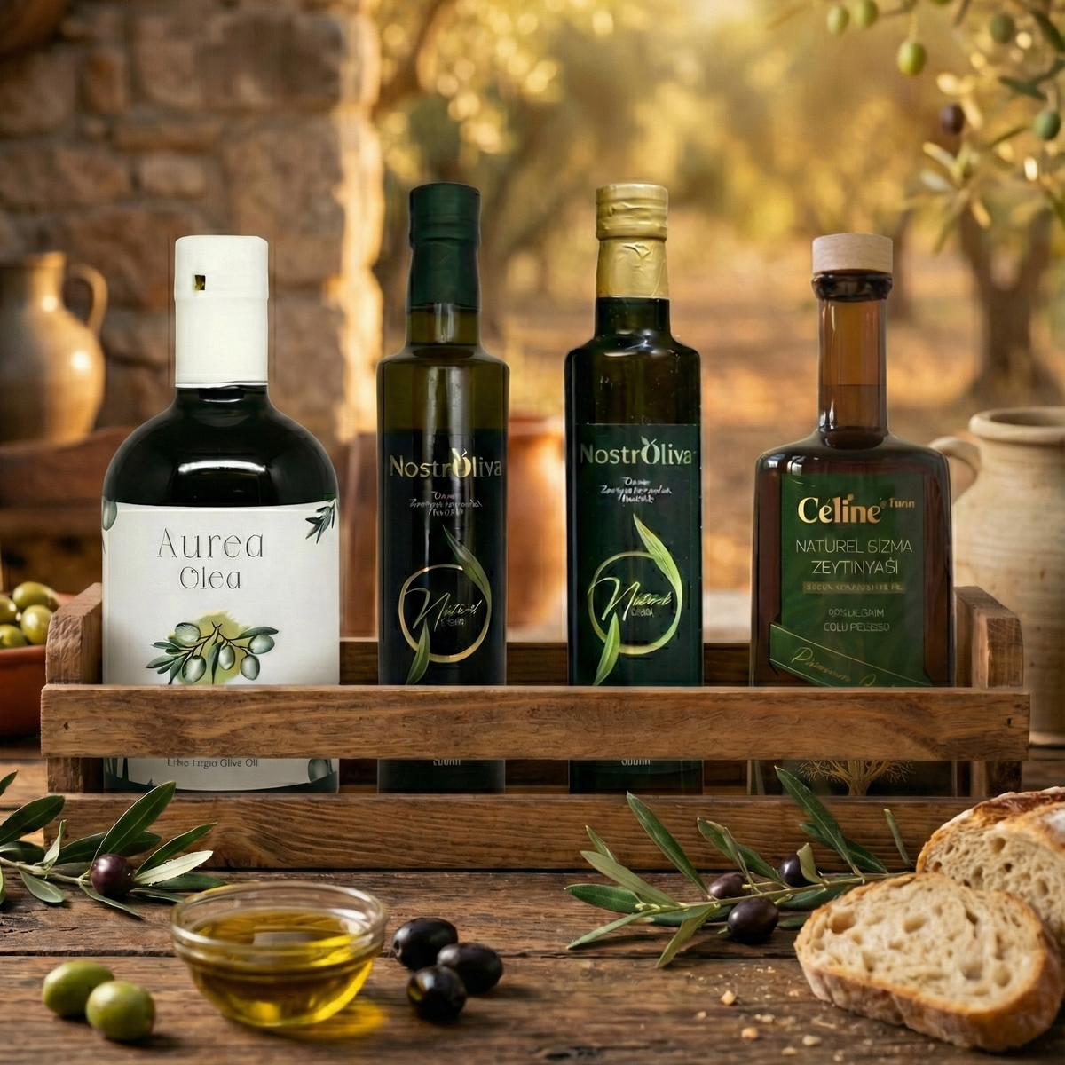 Collection of olive oil bottles on a wooden tray with bread and olives, set against a rustic background.