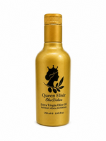 Gold bottle of Queen Elisir Extra Virgin Olive Oil on a white background