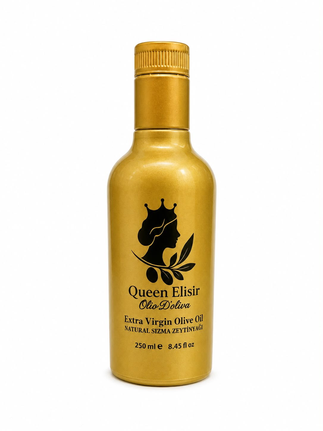 Gold bottle of Queen Elisir Extra Virgin Olive Oil on a white background