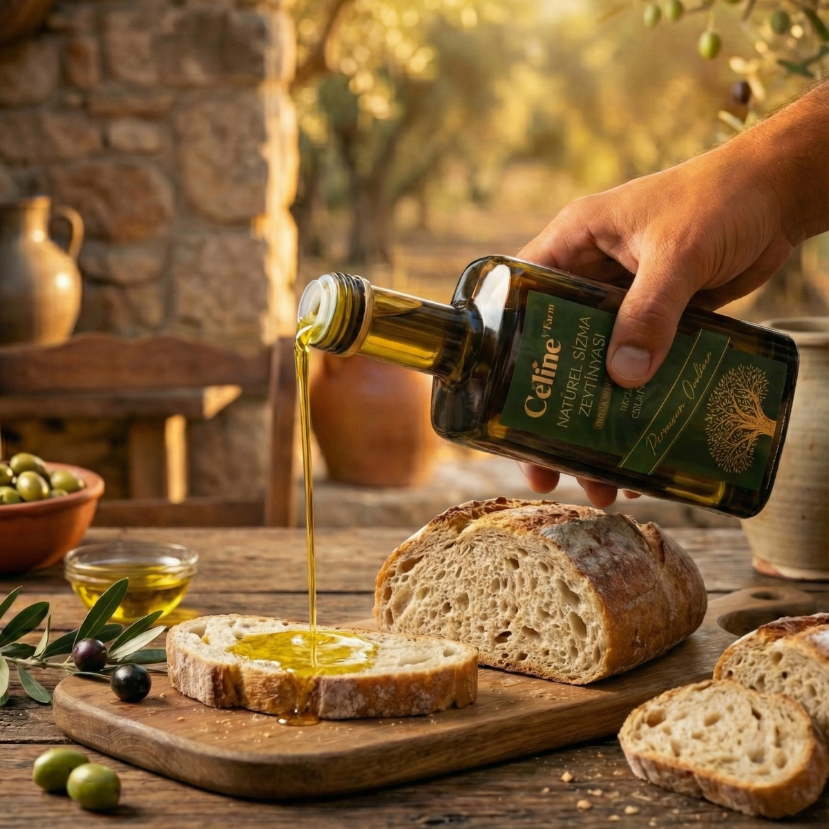 Person pouring olive oil from a bottle onto bread on a wooden table with a rustic background.