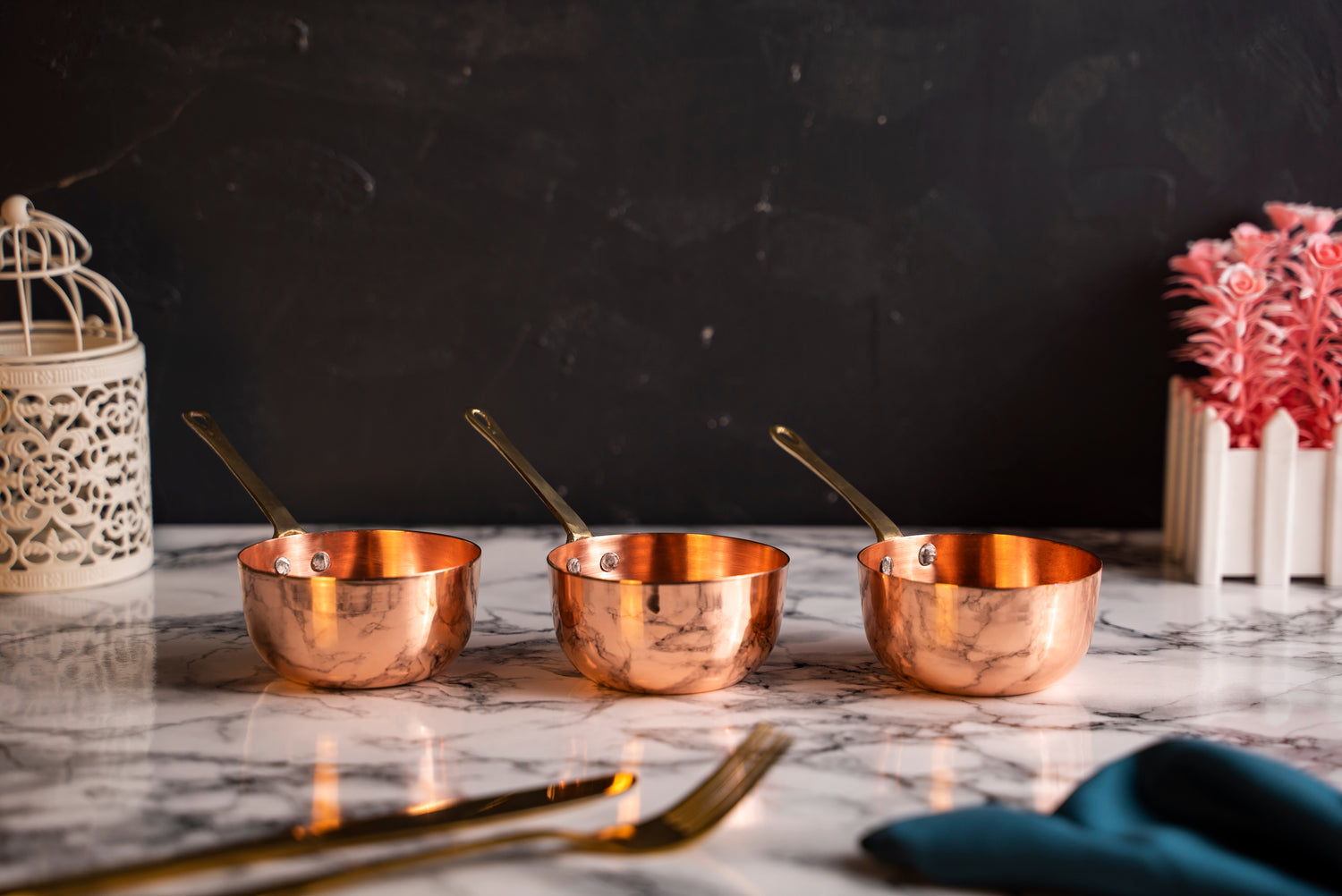 Set of 3 Solid Copper Melting and Serving Pot (3 x 150 ml) | Handmade Hammered 100% Solid Copper Pots Set
