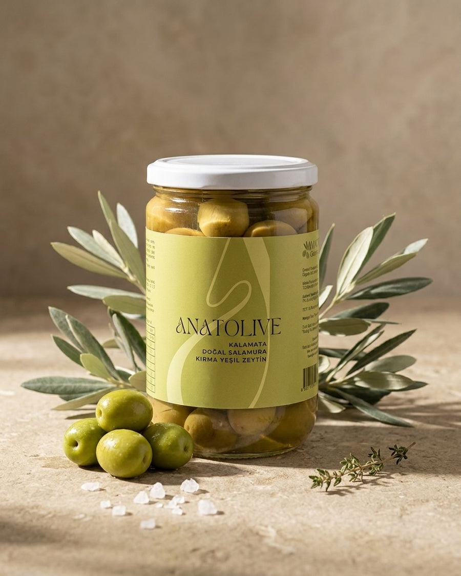 Anatolive Kalamata Cracked Green Olives – Naturally Brined, 400 g Glass Jar